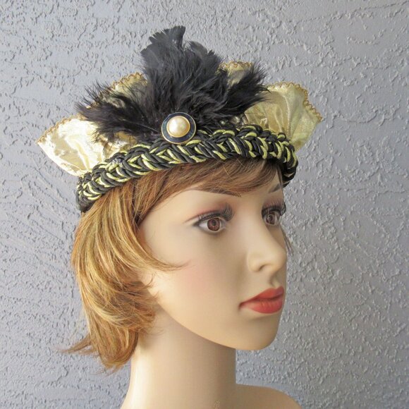 Flapper style softly ruffled gold lame fabric headband on black/gold braid band - Picture 14 of 15